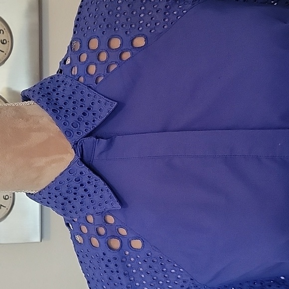 Tracy M, Eyelet Accent Fitted Button Down Blouse, Purplish Blue Color, NWT. - Picture 2 of 12